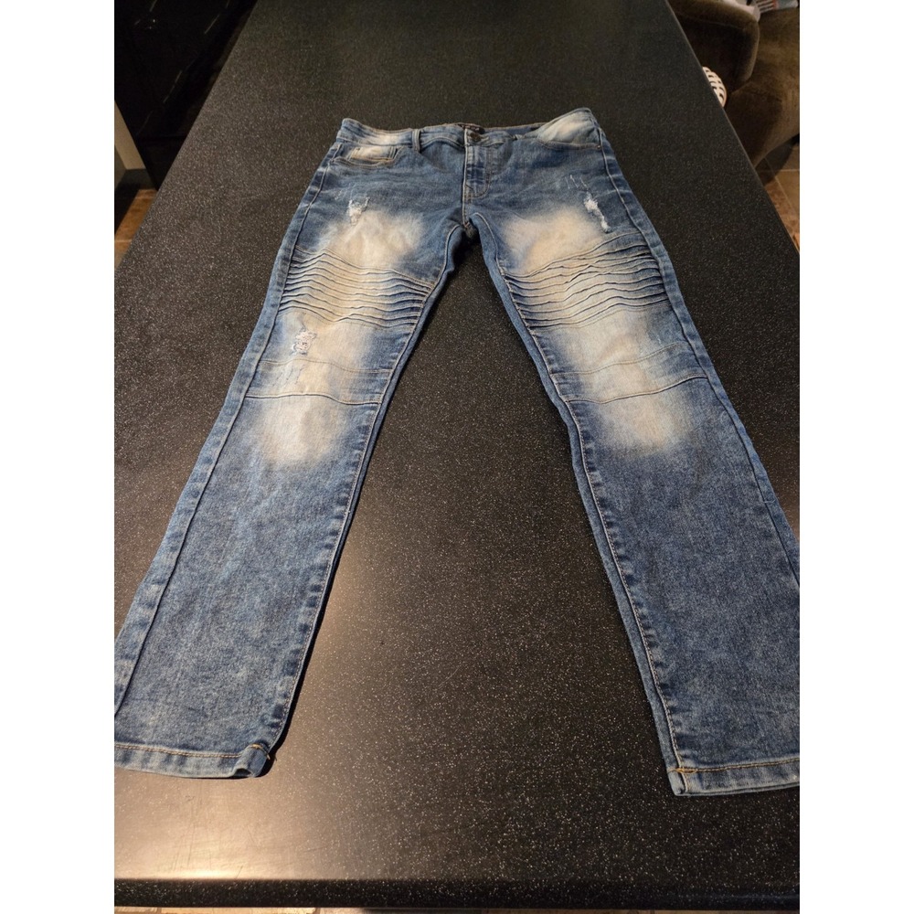 WT02 Men's Moto Biker Jeans Blue Distressed Ribbed 34x30 Slim Fit Denim Pants